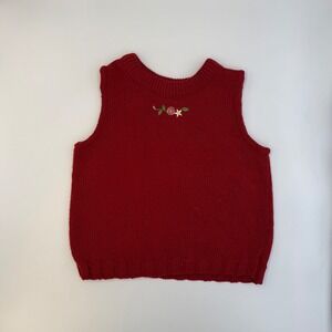 Vtg BT Kids Red Knit Acrylic Sweater 3T • Floral Embroidered Pullover Sleeveless